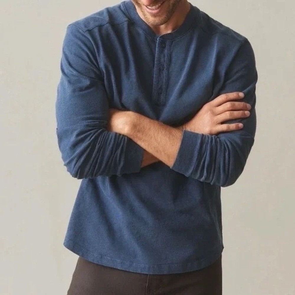 NEW American Giant Henley Shirt Mens‎ Medium Blue Long Sleeve Sleeve Cotton USA
